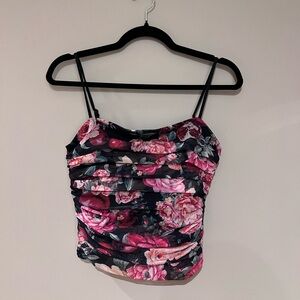 Express Floral Ruched Navy Pink Rose Cami Top